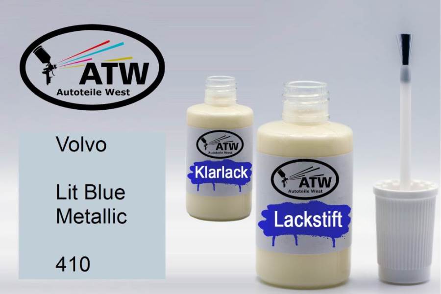 Volvo, Lit Blue Metallic, 410: 20ml Lackstift + 20ml Klarlack - Set, von ATW Autoteile West.